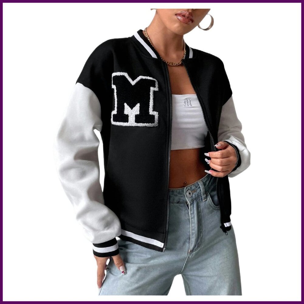 Polyester Bomber Jacket Varsity Style Zip Up Long… - image 1